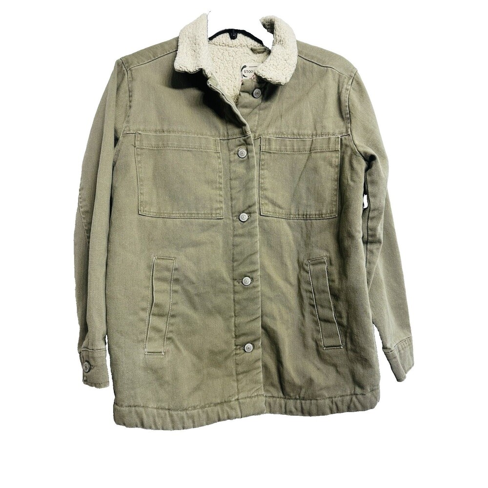 Stoosh Retro Military Work Trucker Green Denim-Sherpa Multiple Pockets Jacket M